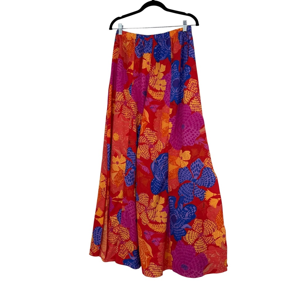 Floral Wide Leg Palazzo Pants Side Slit Red Orange Blue Large Statement Flowy